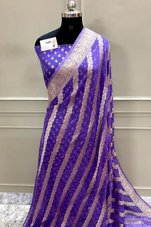 Purple Bandhej Georgette Silk Banarasi Saree