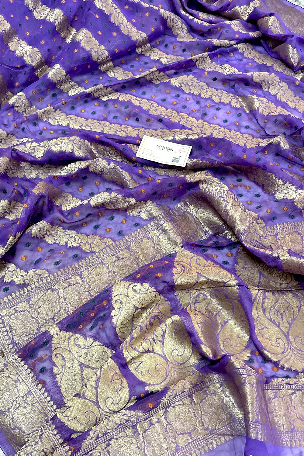 Purple Bandhej Georgette Silk Banarasi Saree