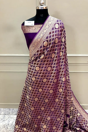 Purple Bandhej Georgette Silk Banarasi Saree