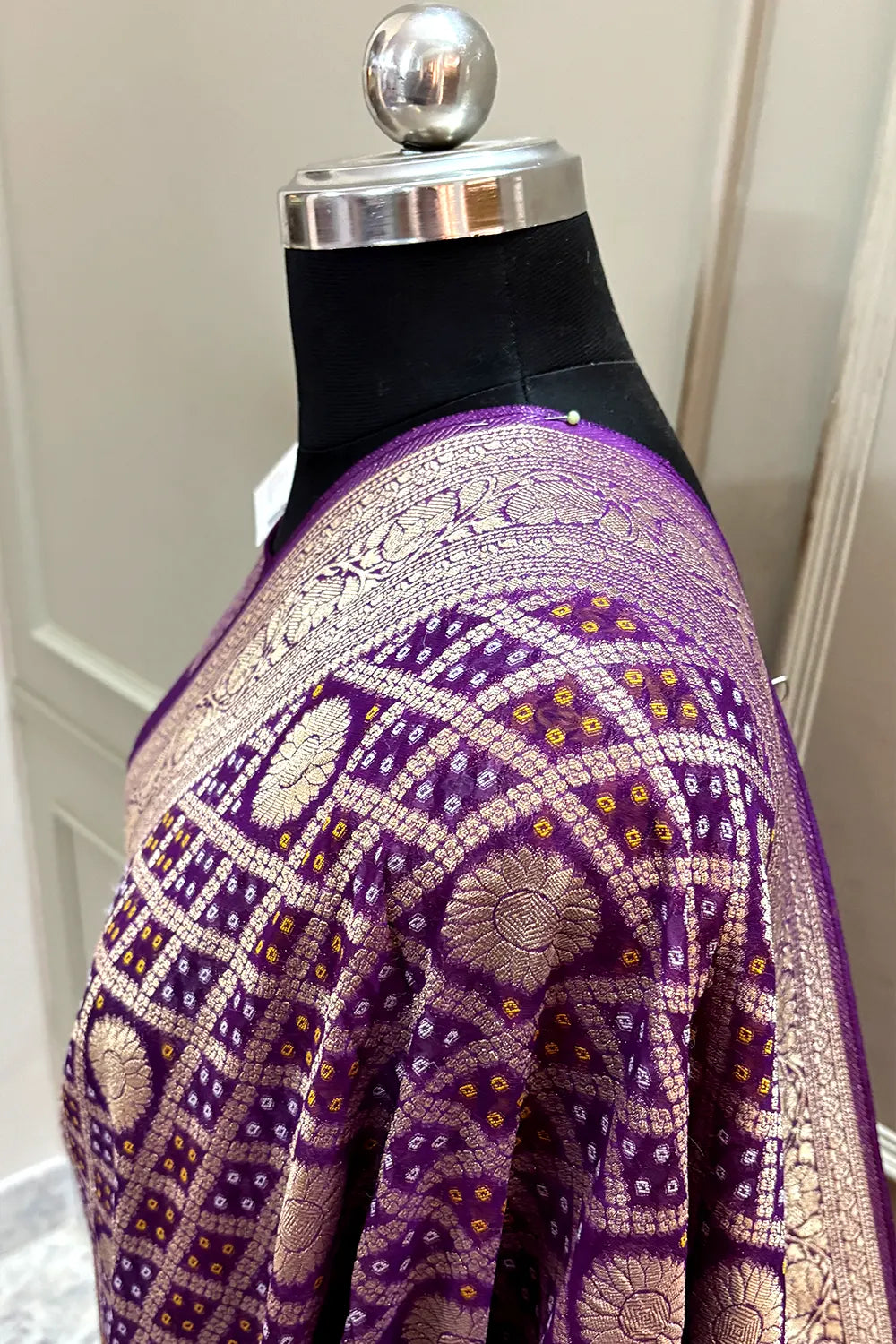 Purple Bandhej Georgette Silk Banarasi Saree