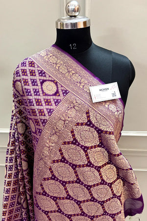Purple Bandhej Georgette Silk Banarasi Saree