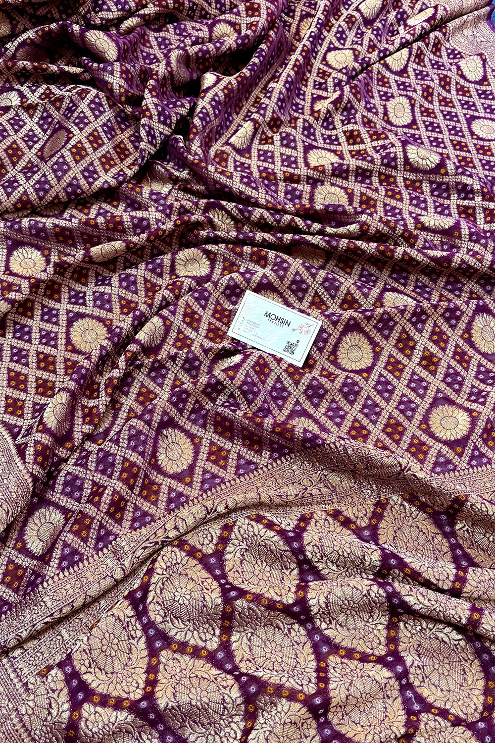 Purple Bandhej Georgette Silk Banarasi Saree