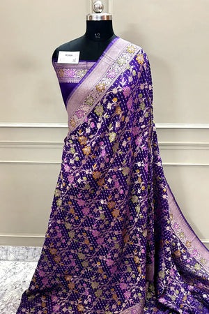 Purple Bandhej Meena Georgette Silk Banarasi Saree