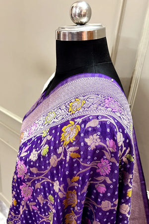 Purple Bandhej Meena Georgette Silk Banarasi Saree