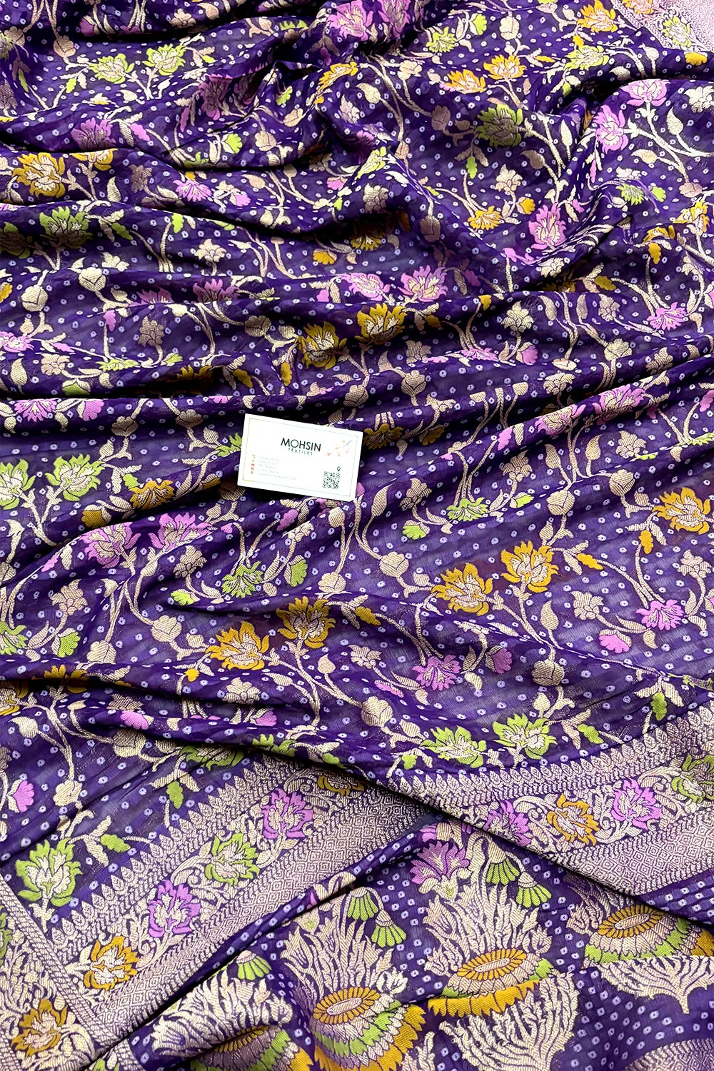 Purple Bandhej Meena Georgette Silk Banarasi Saree