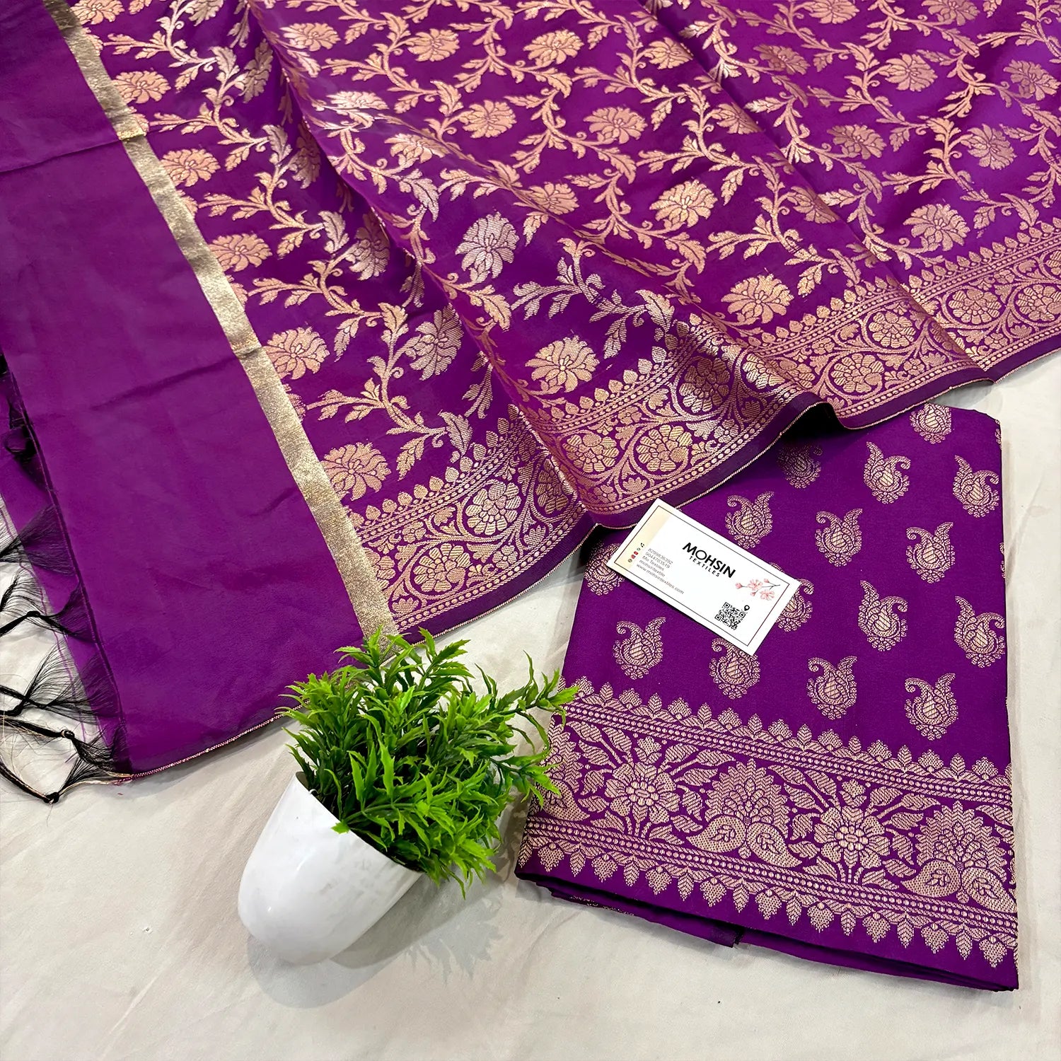 Purple Chirag Buti Satin Silk Banarasi Suit