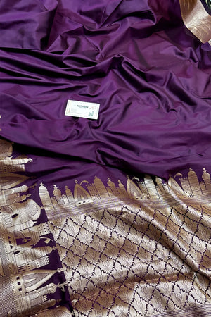 Purple Kalyug Plain Satin Silk Banarasi Saree