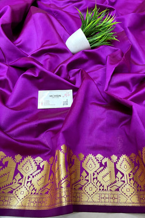 Purple Plain Semi Katan Silk Banarasi Saree