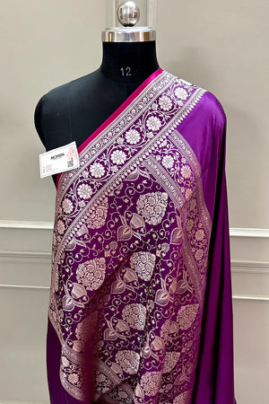 Purple Plain Zari Border Katan Silk Banarasi Saree