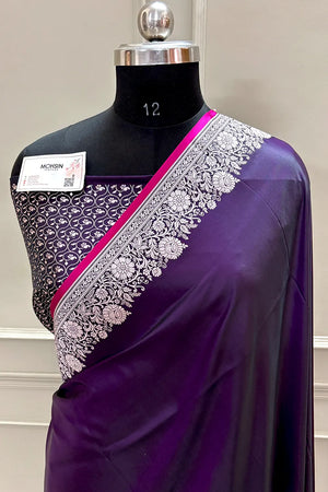 Purple Plain Zari Border Katan Silk Banarasi Saree