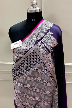 Purple Plain Zari Border Katan Silk Banarasi Saree