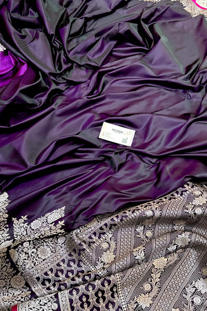Purple Plain Zari Border Katan Silk Banarasi Saree