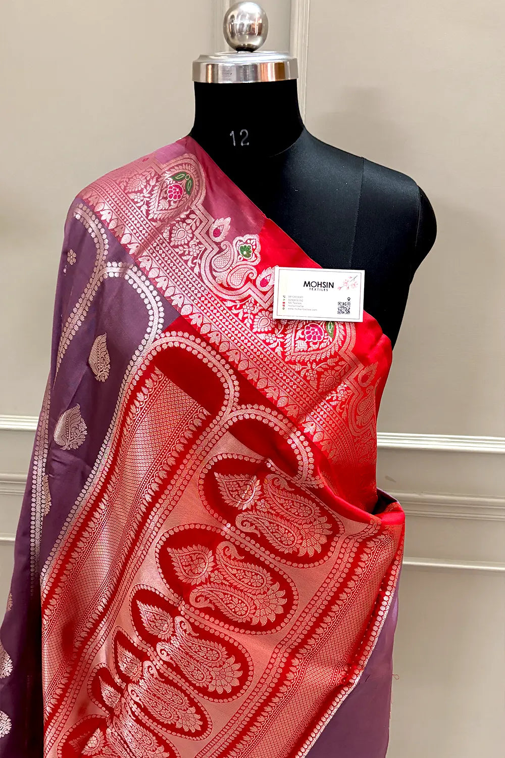 Purple Wine and Red Zari Banarasi Silk Saree