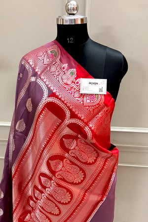 Purple Wine and Red Zari Banarasi Silk Saree