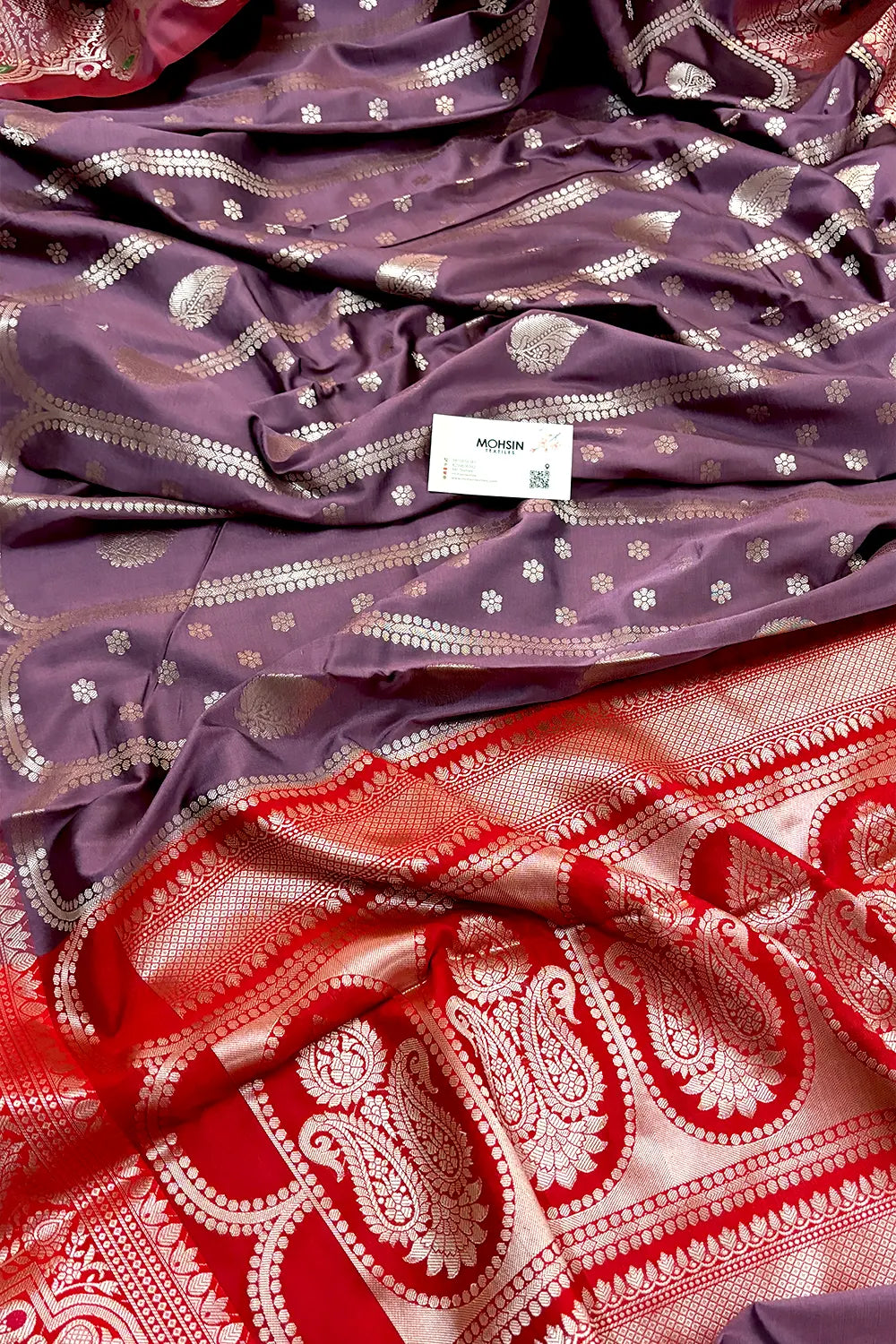 Purple Wine and Red Zari Banarasi Silk Saree