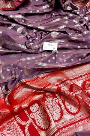 Purple Wine and Red Zari Banarasi Silk Saree