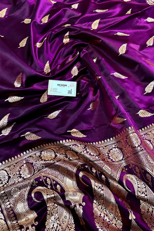 Purple Zari Satin Silk Banarasi Saree