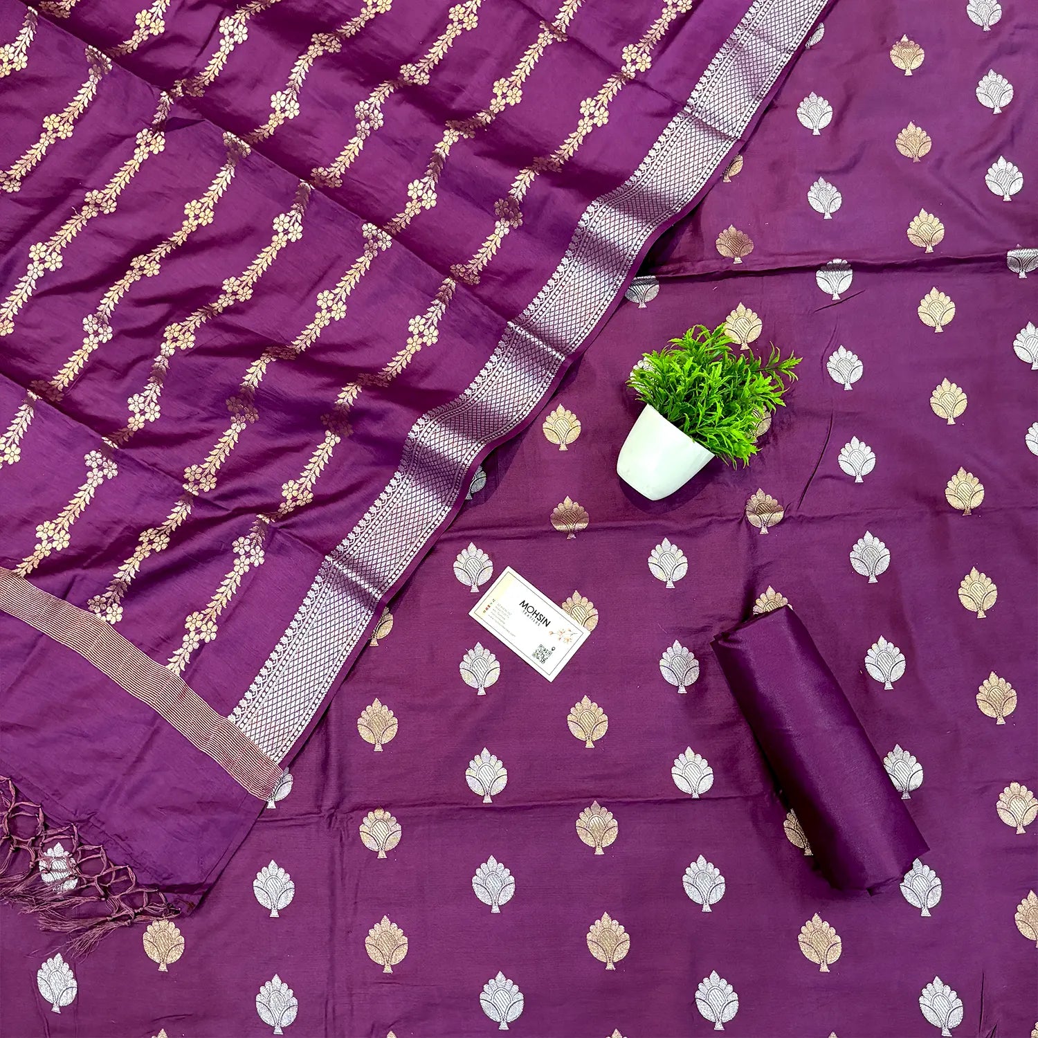 Purple Zari Satin Silk Banarasi Suit