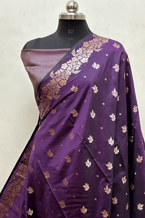 Purple Zari Semi Katan Silk Banarasi Saree