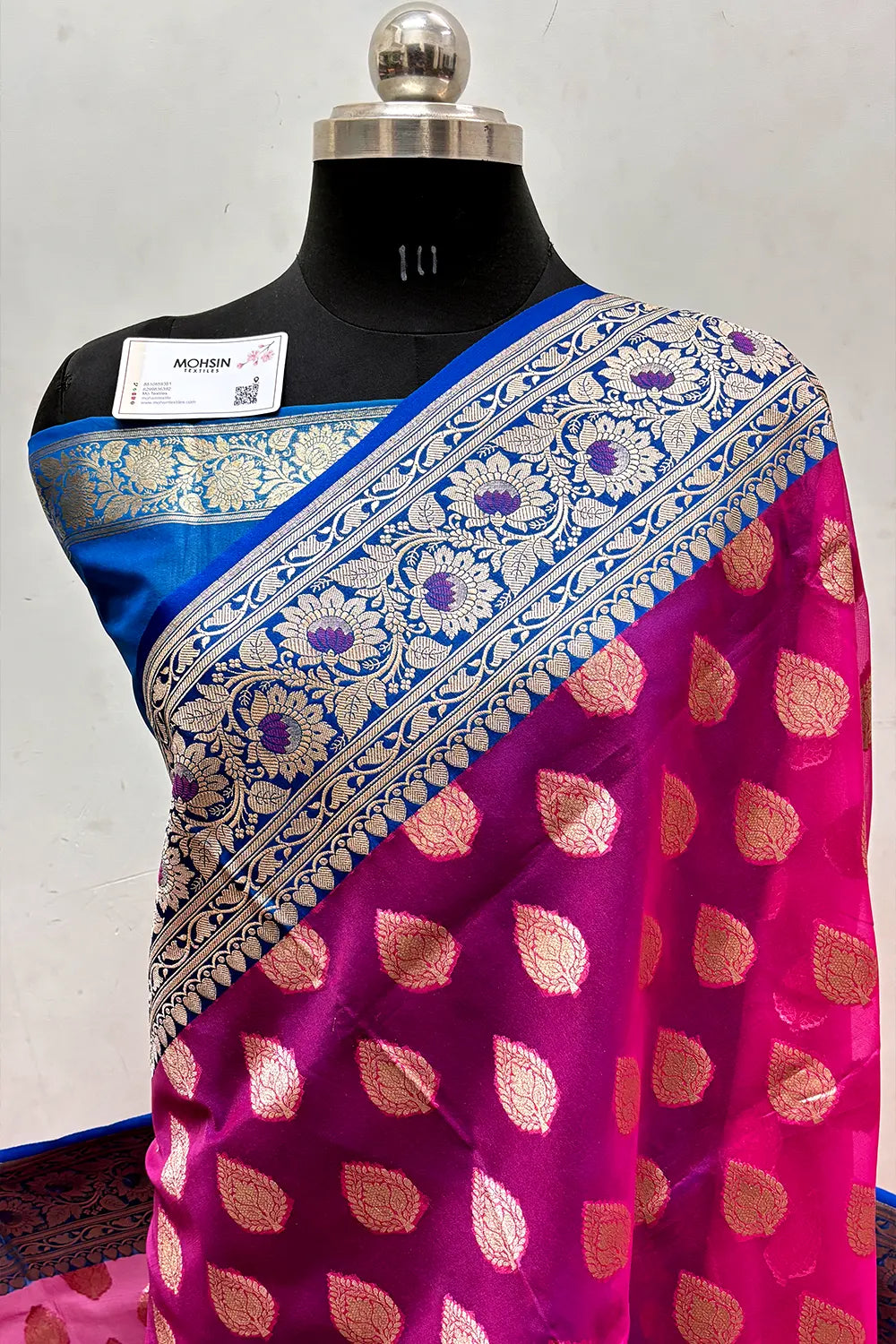 Rani Pink and Blue Organza Silk Banarasi Saree