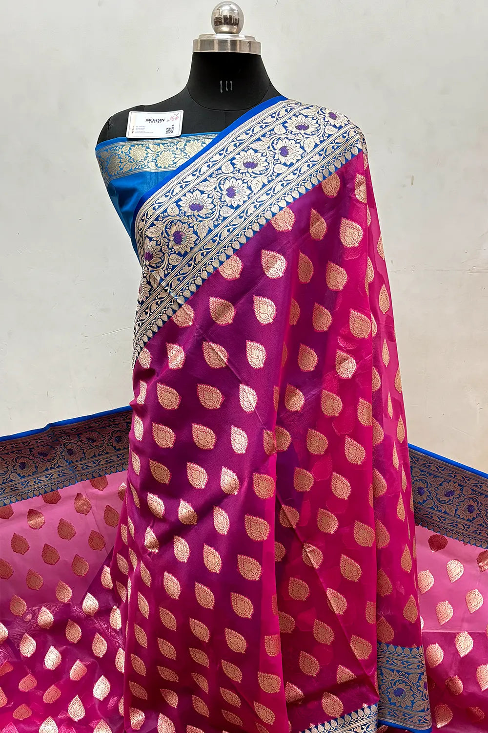 Rani Pink and Blue Organza Silk Banarasi Saree