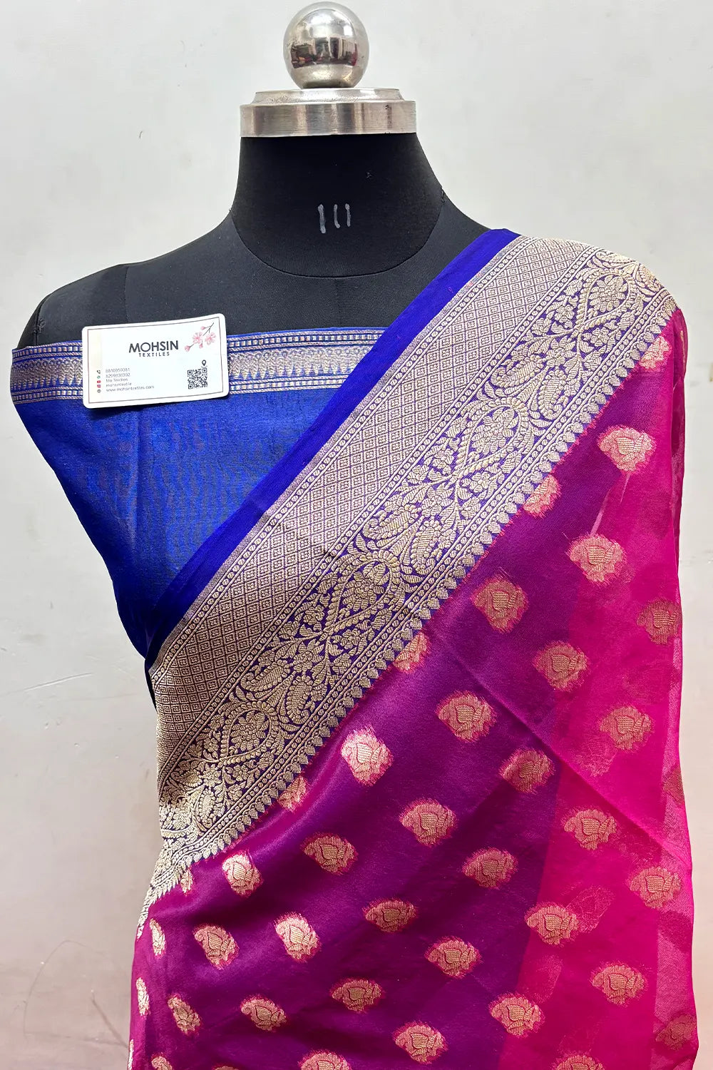Rani Pink and Blue Organza Silk Banarasi Saree