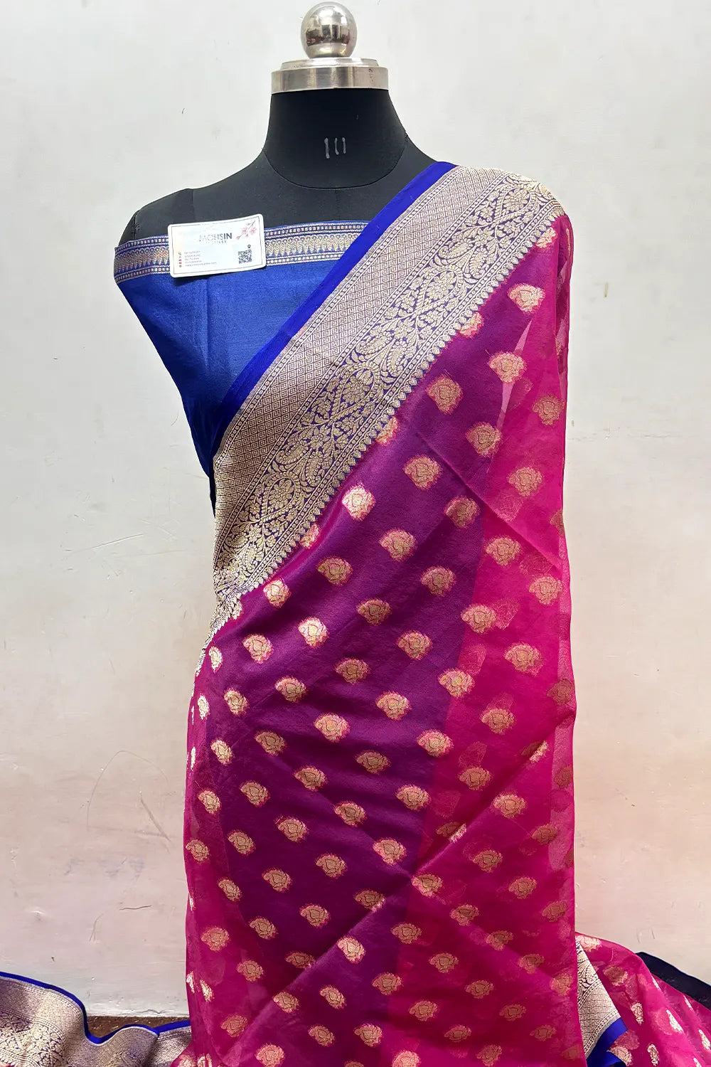 Rani Pink and Blue Organza Silk Banarasi Saree