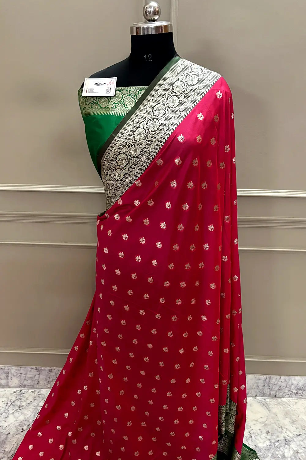Rani Pink and Green Ghonga Buti Katan Silk Banarasi Saree