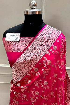 Rani Pink Nafis Jaal Katan Silk Banarasi Saree