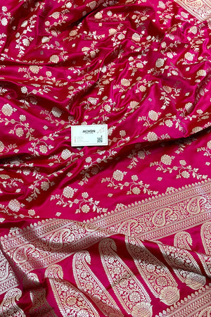 Rani Pink Nafis Jaal Katan Silk Banarasi Saree