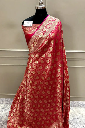 Rani Pink Rajvada Buti Katan Silk Banarasi Saree