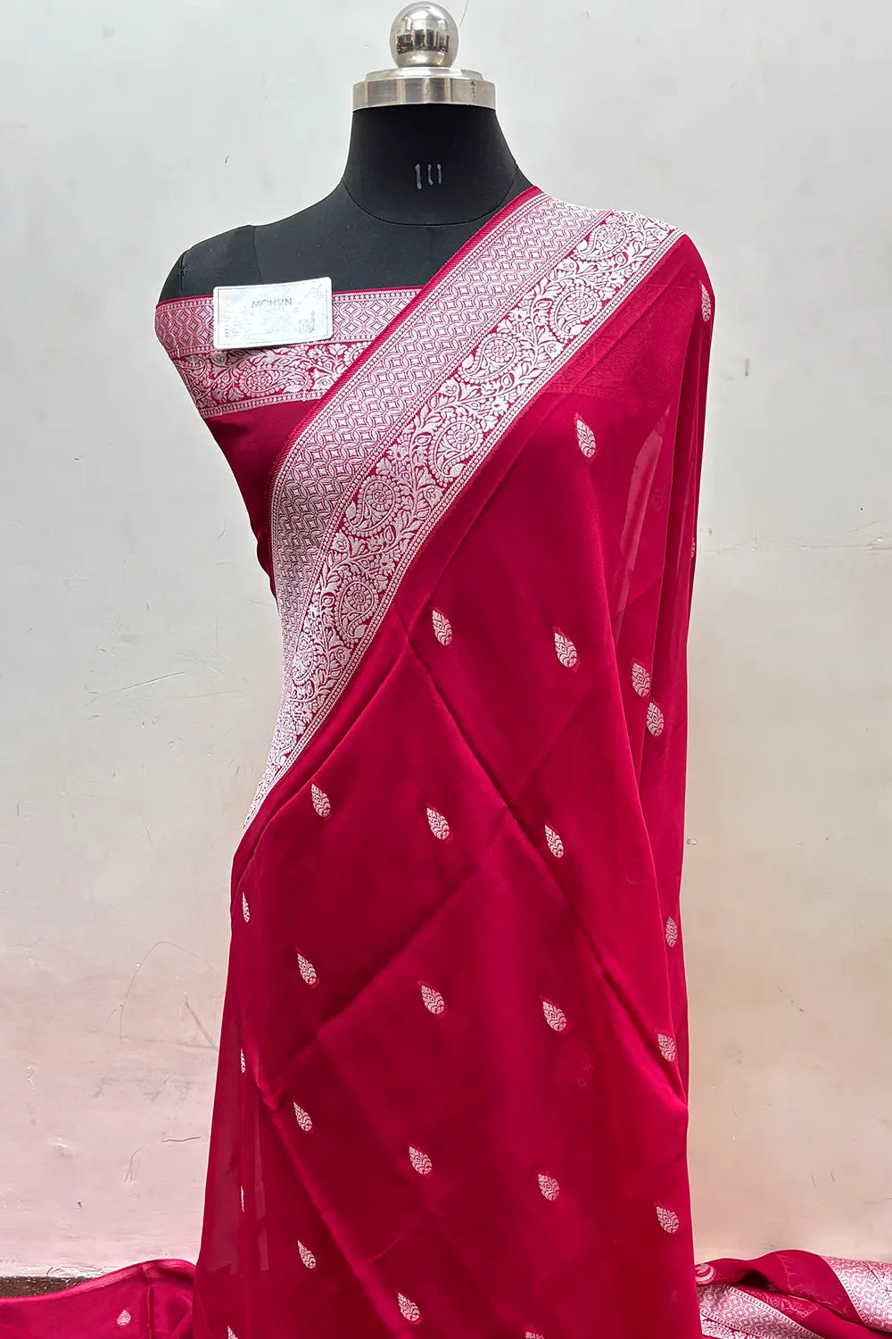 Rani Pink Rupa Buti Pure Viscose Georgette Silk Banarasi Saree