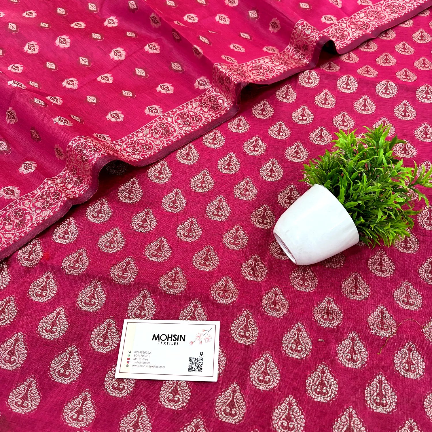 Rani Pink Surahi Buti Cotton Silk Banarasi Suit