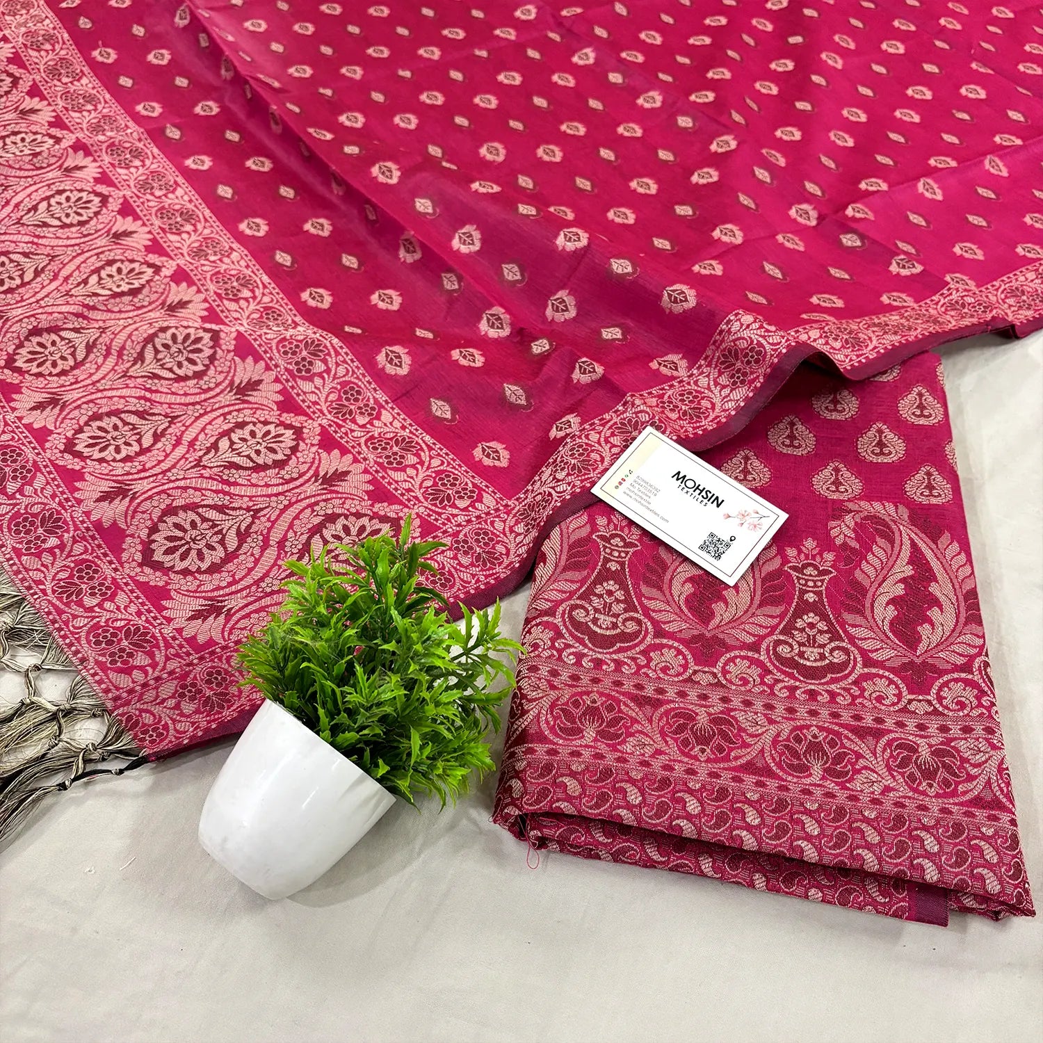 Rani Pink Surahi Buti Cotton Silk Banarasi Suit