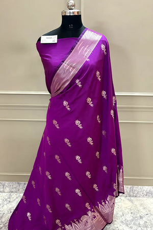 Rani Purple Kalyug Satin Silk Banarasi Saree