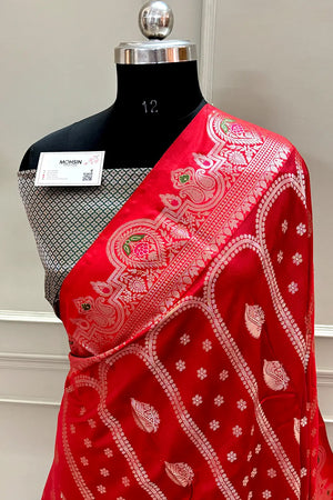 Red and Bottle Green Zari Banarasi Silk Saree