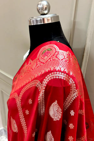 Red and Bottle Green Zari Banarasi Silk Saree