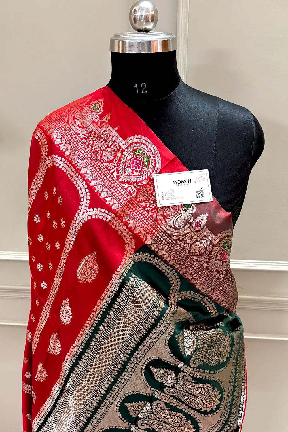 Red and Bottle Green Zari Banarasi Silk Saree