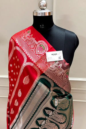 Red and Bottle Green Zari Banarasi Silk Saree