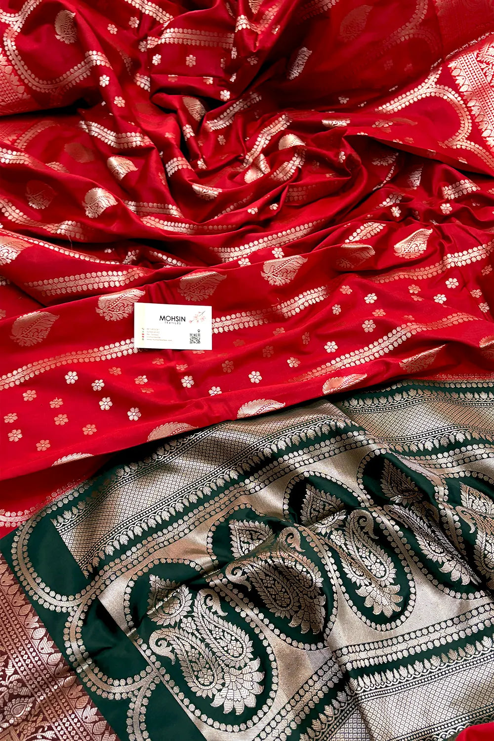 Red and Bottle Green Zari Banarasi Silk Saree
