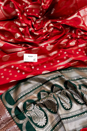 Red and Bottle Green Zari Banarasi Silk Saree