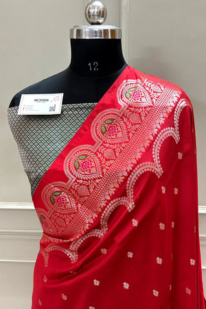 Red and Bottle Green Zari Banarasi Silk Saree