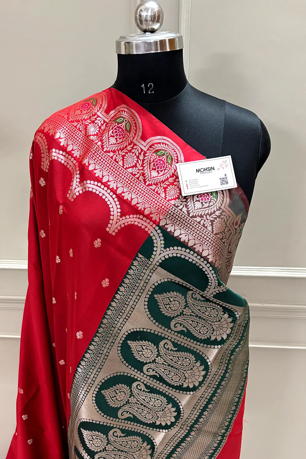 Red and Bottle Green Zari Banarasi Silk Saree