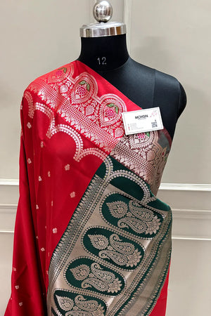 Red and Bottle Green Zari Banarasi Silk Saree