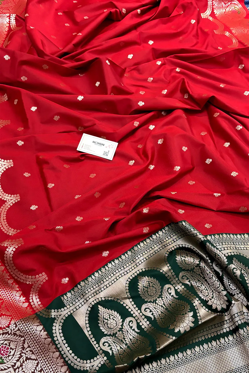 Red and Bottle Green Zari Banarasi Silk Saree