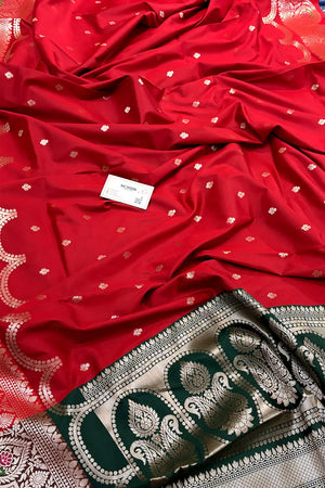 Red and Bottle Green Zari Banarasi Silk Saree