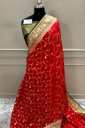 Red and Bottle Green Zari Katan Silk Banarasi Saree