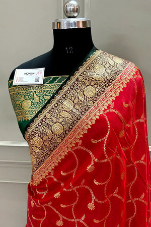 Red and Bottle Green Zari Katan Silk Banarasi Saree