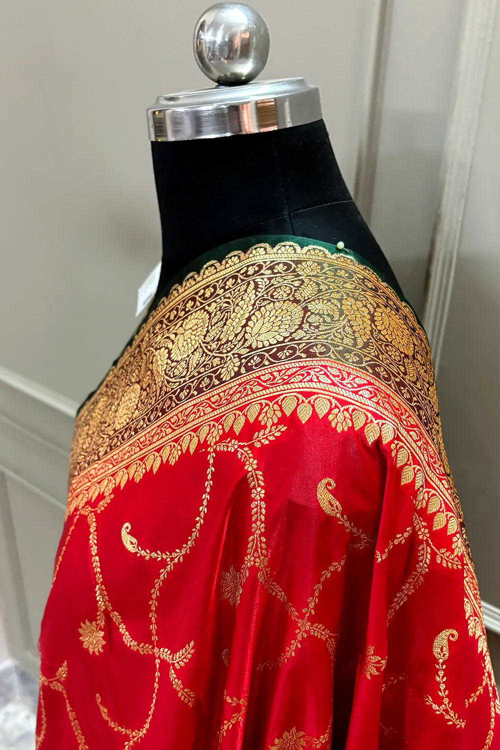 Red and Bottle Green Zari Katan Silk Banarasi Saree