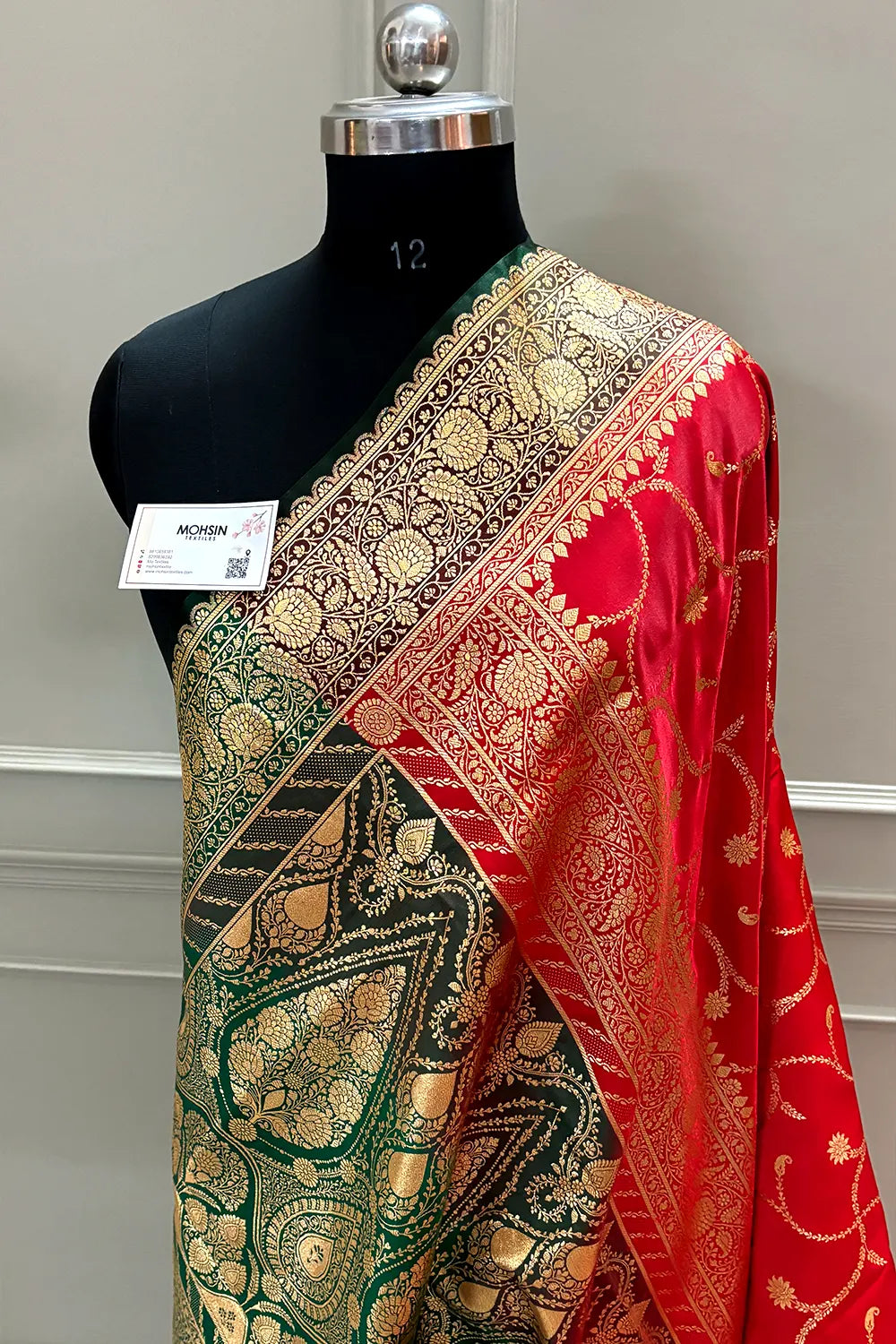 Red and Bottle Green Zari Katan Silk Banarasi Saree
